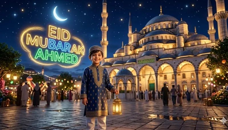 Professional Eid Mubarak AI-generated photos showing mosque scenes, traditional attire, and festive lantern atmospheres